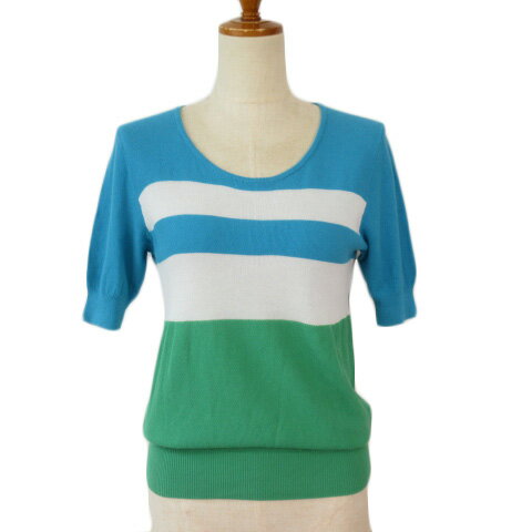 【中古】イネド INED カットソー ニット 配色 半袖 コットン 9 青 ブルー 緑 グリーン レディース 【ベクトル 古着】 210704