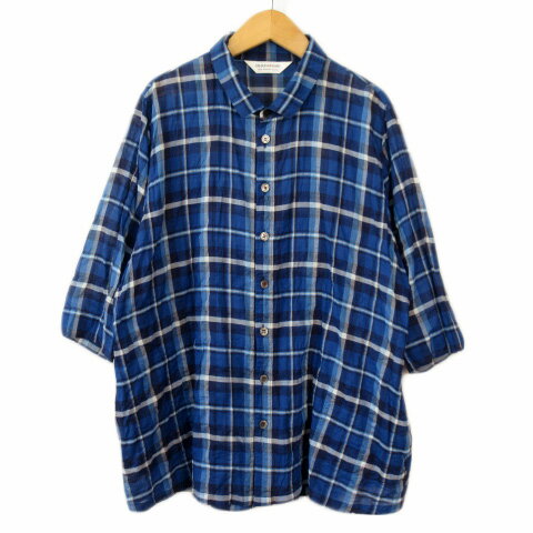 【中古】TANAKAのSHIRT アンテメリディアン シャツ チェック 五分袖 リネン混 M 青 ブルー レディース 【ベクトル 古着】 211029