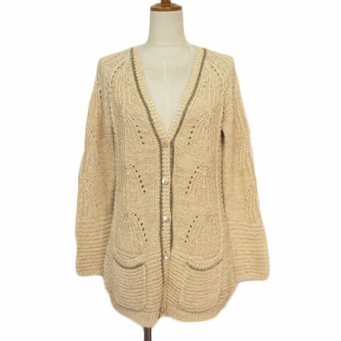 【中古】アマカ AMACA カーディガン ニット Vネック ラメ コットン 38 ベージュ レディース 【ベクトル 古着】 211214