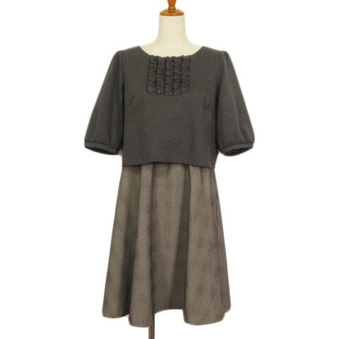 【中古】クチュールブローチ COUTURE BROOCH ワンピース フレア チェック フリル 五分袖 38 グレー レディース 【ベクトル 古着】 221122