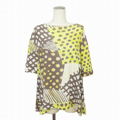 【中古】Akane アカネ あむう カットソー チュニック 五分袖 総柄 M-L 黄 イエロー レディース 【ベクトル 古着】 250423