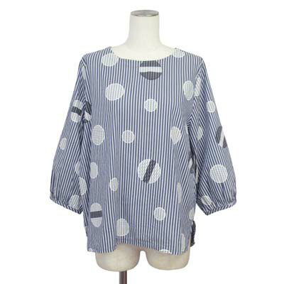 【中古】ノアージュ noa-ge ブラウス スモック ストライプ ドット 七分袖 コットン ナイロン ポリウレ..