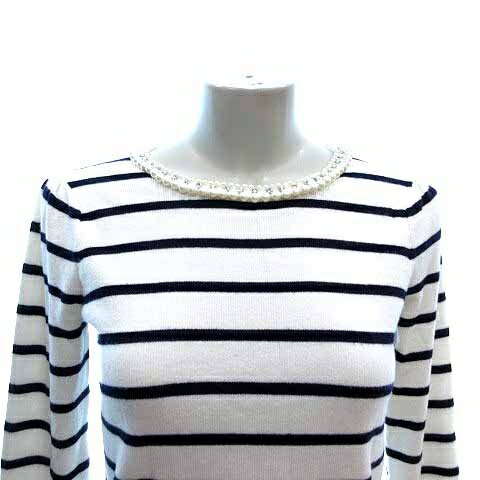 【中古】デビュー ド フィオレ Debut de Fiore ニット カットソー ライトストーン パール ボーダー 長袖 38 M 白 ホワイト 黒 ブラック /YK レディース 【ベクトル 古着】 241114