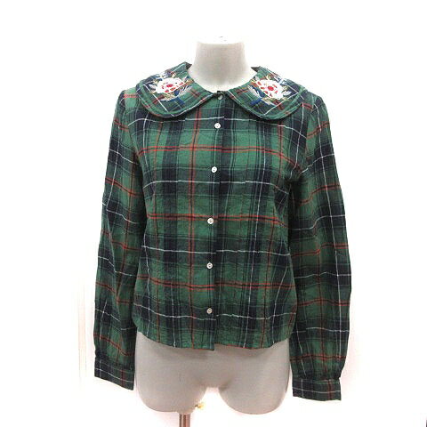 【中古】ザラ トラファルック ZARA Trafaluc シャツ チェック 刺繍 長袖 S 緑 グリーン 紺 ネイビー 赤 レッド 白 ホワイト ピンク /MS レディース 【ベクトル 古着】 240318