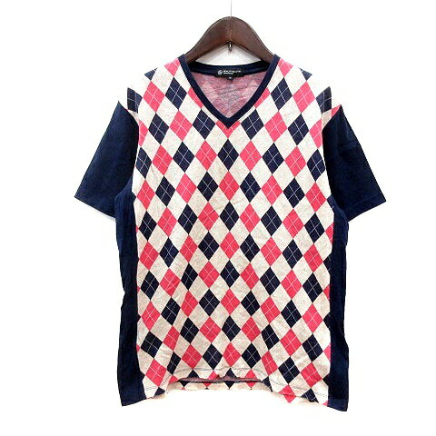【中古】B&Y ユナイテッドアローズ BEAUTY&YOUTH ビューティー&ユース カットソー Tシャツ Vネック アーガイル柄 半袖 M 白 アイボリー 紺 ネイビー /MN メンズ 【ベクトル 古着】 240403