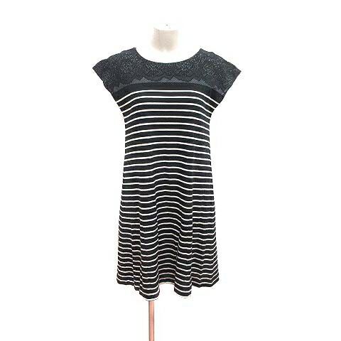 【中古】ストロベリーフィールズ STRAWBERRY-FIELDS ワンピース ミニ 総柄 ボーダー フレンチスリーブ 黒 ブラック 白 ホワイト /YK レディース 【ベクトル 古着】 240514