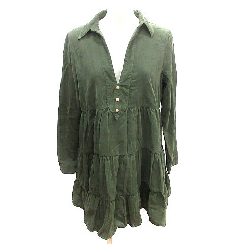 【中古】ザラ ZARA シャツワンピース ミニ コーデュロイ 長袖 S カーキ 緑 グリーン /AU レディース 【ベクトル 古着】 241025
