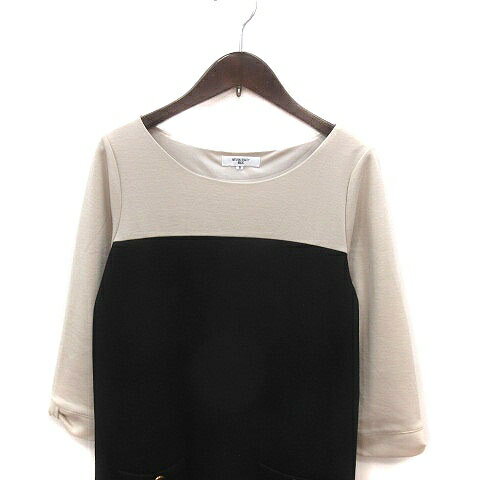 【中古】ナチュラルビューティーベーシック NATURAL BEAUTY BASIC ワンピース ひざ丈 ボートネック バイカラー 七分袖 S 黒 ブラック ベージュ /MS レディース 【ベクトル 古着】 241209