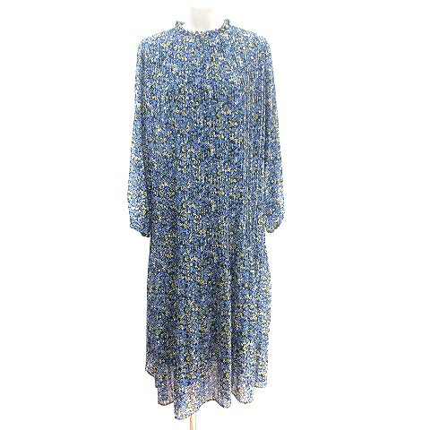 【中古】ナチュラルビューティーベーシック NATURAL BEAUTY BASIC シャツワンピース ロング プリーツ フリルカラー 花柄 長袖 M 青 ブルー /AU レディース 【ベクトル 古着】 250304