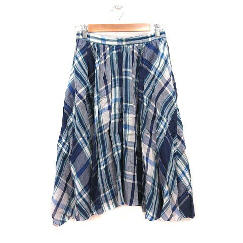 【中古】スモック smock フレアスカート ミモレ ロング 麻 リネン チェック 36 青 ブルー 緑 グリーン 白 ホワイト /MS レディース 【ベクトル 古着】 250402