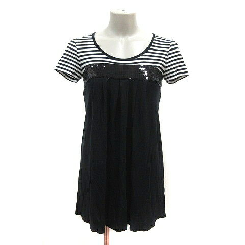 【中古】ルスーク Le souk チュニック Uネック ボーダー スパンコール 半袖 38 黒 ブラック 白 ホワイト /MS レディース 【ベクトル 古着】 250430