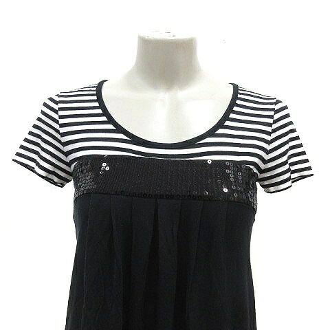 【中古】ルスーク Le souk チュニック Uネック ボーダー スパンコール 半袖 38 黒 ブラック 白 ホワイト /MS レディース 【ベクトル 古着】 250430