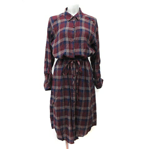 【中古】シューラルー SHOO・LA・RUE シャツワンピース ロング チェック 長袖 M 赤 ボルドー 紺 ネイビ..