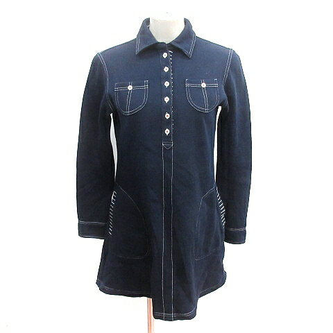 【中古】タケオキクチ ミクスパイス TK MIXPICE ワンピース ミニ ステンカラー ボーダー 長袖 L 紺 ネ..