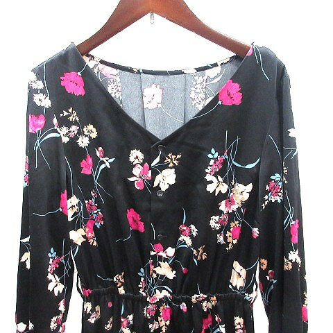 【中古】ロペピクニック ROPE Picnic シャツワンピース ひざ丈 ノーカラー 花柄 キャンディースリーブ 長袖 38 M 黒 ブラック /AU レディース 【ベクトル 古着】 250926