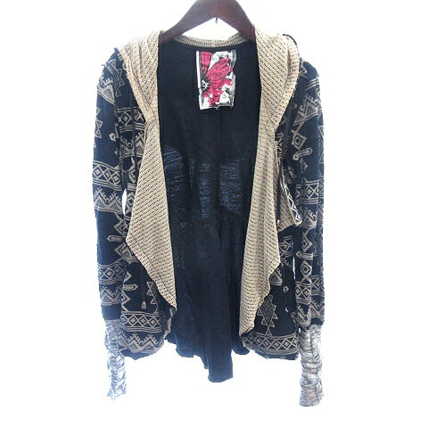 【中古】スクラップブック ScrapBook originals カーディガン カットソー フード 総柄 長袖 黒 ブラッ..