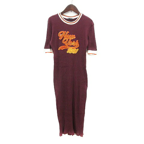 【中古】ザラ ZARA ワンピース ひざ丈 刺繍 五分袖 リブ M 赤紫 ボルドー /MN レディース 【ベクトル 古着】 251120(4)