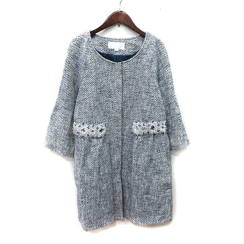 【中古】ジルスチュアート JILL STUART ノーカラーコート ツイード 総裏地 総柄 麻混 リネン混 S 紺 ネイビー 白 ホワイト /YI レディース 【ベクトル 古着】 260413