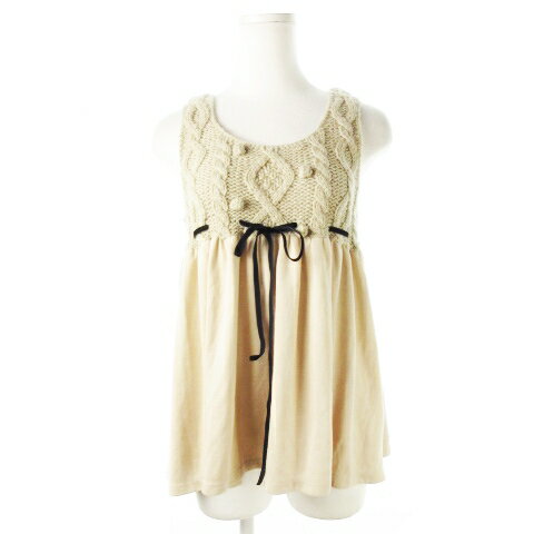 【中古】レイビームス Ray Beams WORK IN PROGRESS カットソー ラウンドネック ノースリーブ 切替 ニット リボン ウール混 ベージュ /CK7 レディース 【ベクトル 古着】 240903