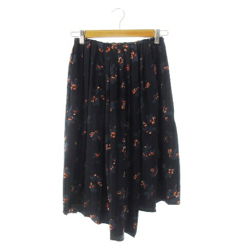 【中古】エモダ EMODA スカート プリーツ ミモレ ロング ヘムライン ラップテイスト 花柄 レトロ M 黒 ブラック /CK13 レディース 【ベクトル 古着】 250303