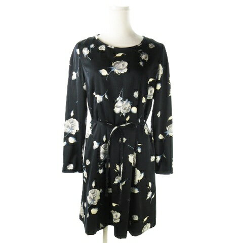 【中古】ブリジット BRIGITTE ワンピース ミニ 長袖 リボン ウエストマーク 花柄 アンティーク バラ 9 紺 ネイビー /AO2 レディース 【ベクトル 古着】 241004