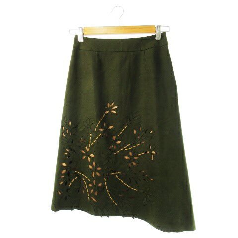 【中古】ピエスモンテ PIECE MONTEE スカート フェイクスエード フレア ミモレ ロング アシンメトリー パンチング 刺繍 36 緑 カーキ /CK25 レディース 【ベクトル 古着】 241001