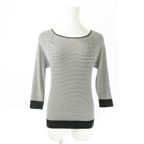 【中古】プラステ PLST カットソー ニットソー ラウンドネック 七分袖 ストレッチ ボーダー 総柄 M 黒 ブラック /AO17 レディース 【ベクトル 古着】 241016