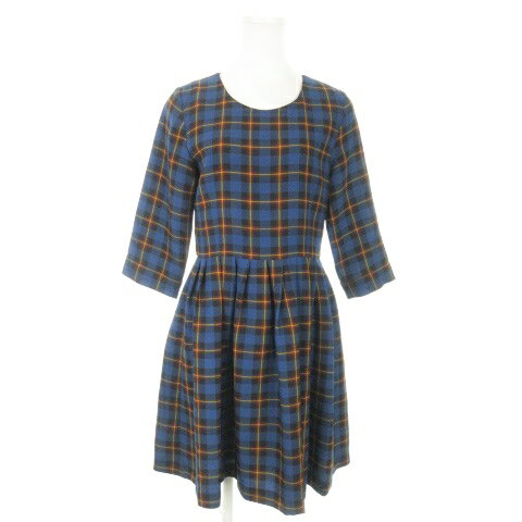 【中古】レイビームス Ray Beams ワンピース ミニ 七分袖 切替 プリーツ チェック 総柄 ハリ感 1 青 ブルー /AO7 レディース 【ベクトル 古着】 240709