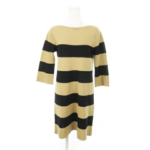 【中古】ストロベリーフィールズ STRAWBERRY-FIELDS ワンピース ニット ミニ ボートネック 七分袖 ウール混 ハリ感 ボーダー ベージュ /AH11 レディース 【ベクトル 古着】 241017