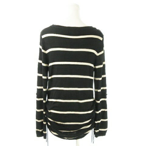 【中古】エムケー ミッシェルクラン MK MICHEL KLEIN チュニック ニット ラウンドネック 長袖 ストレッチ ギャザー リボン ボーダー 総柄 シャリ感 38 黒 ブラック /AO12 レディース 【ベクトル 古着】 241030