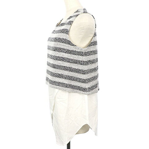 【中古】 デレクラム DEREK LAM 10 CROSBY チュニック Uネック ノースリーブ ボーダー フェイクレイヤード スリット 2 白 ホワイト /M2O レディース 【ベクトル 古着】 190627