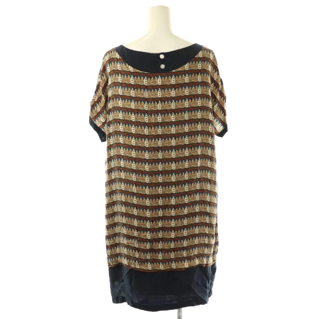 【中古】メルベイユアッシュ MERVEILLE H. チュニック 半袖 総柄 紺 ネイビー 茶 ブラウン /AT ■OS ■GY48 レディース 【ベクトル 古着】 250913