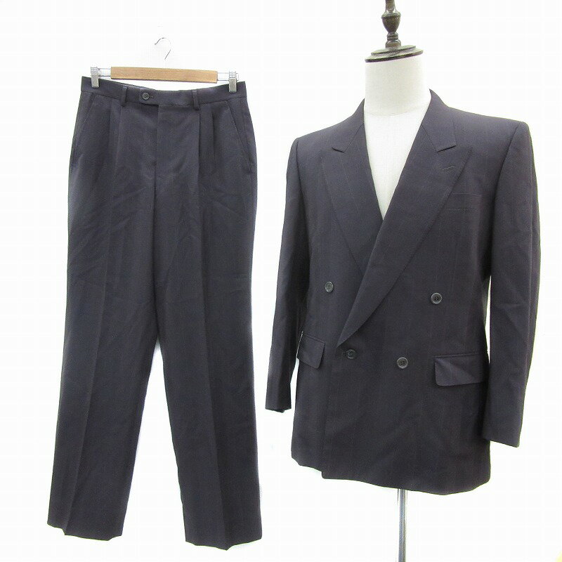 【中古】ランバン LANVIN スーツ セットアップ 上下 テーラードジャケット ミドル丈 ダブルボタン スラックスパンツ ロング丈 ストライプ柄 上R48-4...