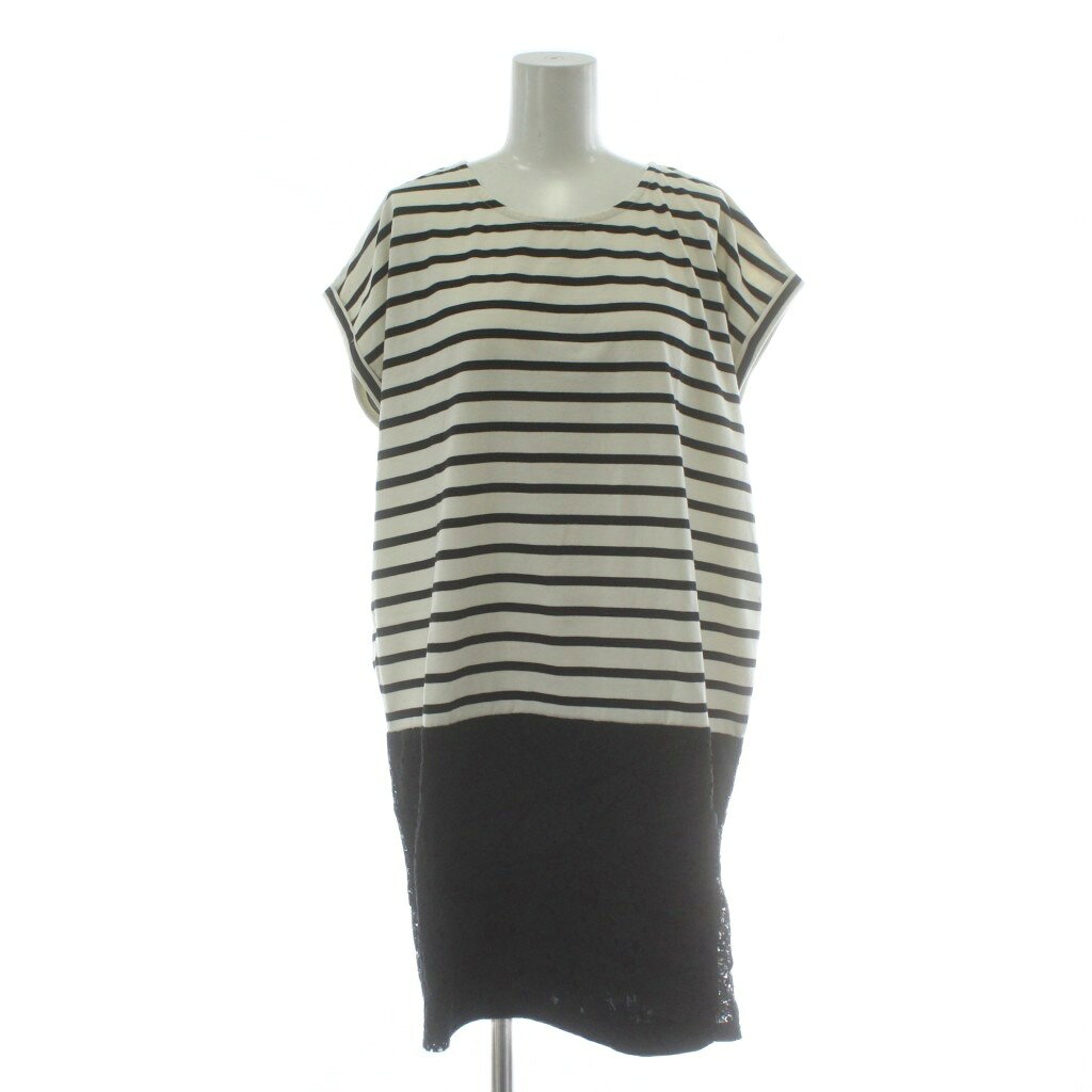 Tunics - 【中古】セブンデイズサンデイ SEVENDAYS＝SUNDAY チュニック ワンピース L 黒 ブラック 白 ホワイト ストライプ柄 ラウンドネック 半袖 フレンチスリーブ レース切り替え /GR ■GY58 レディース 【ベクトル 古着】 260116
