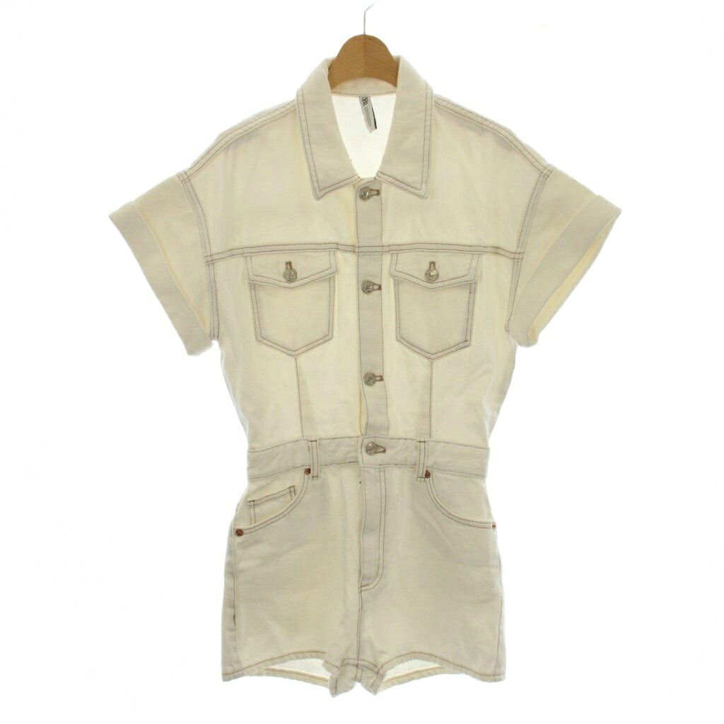 【中古】ザラ ZARA オールインワン ホワイトデニム ショート 白 ホワイト 半袖 シャツ襟 /LP ■GY60 レディース 【ベクトル 古着】 260211