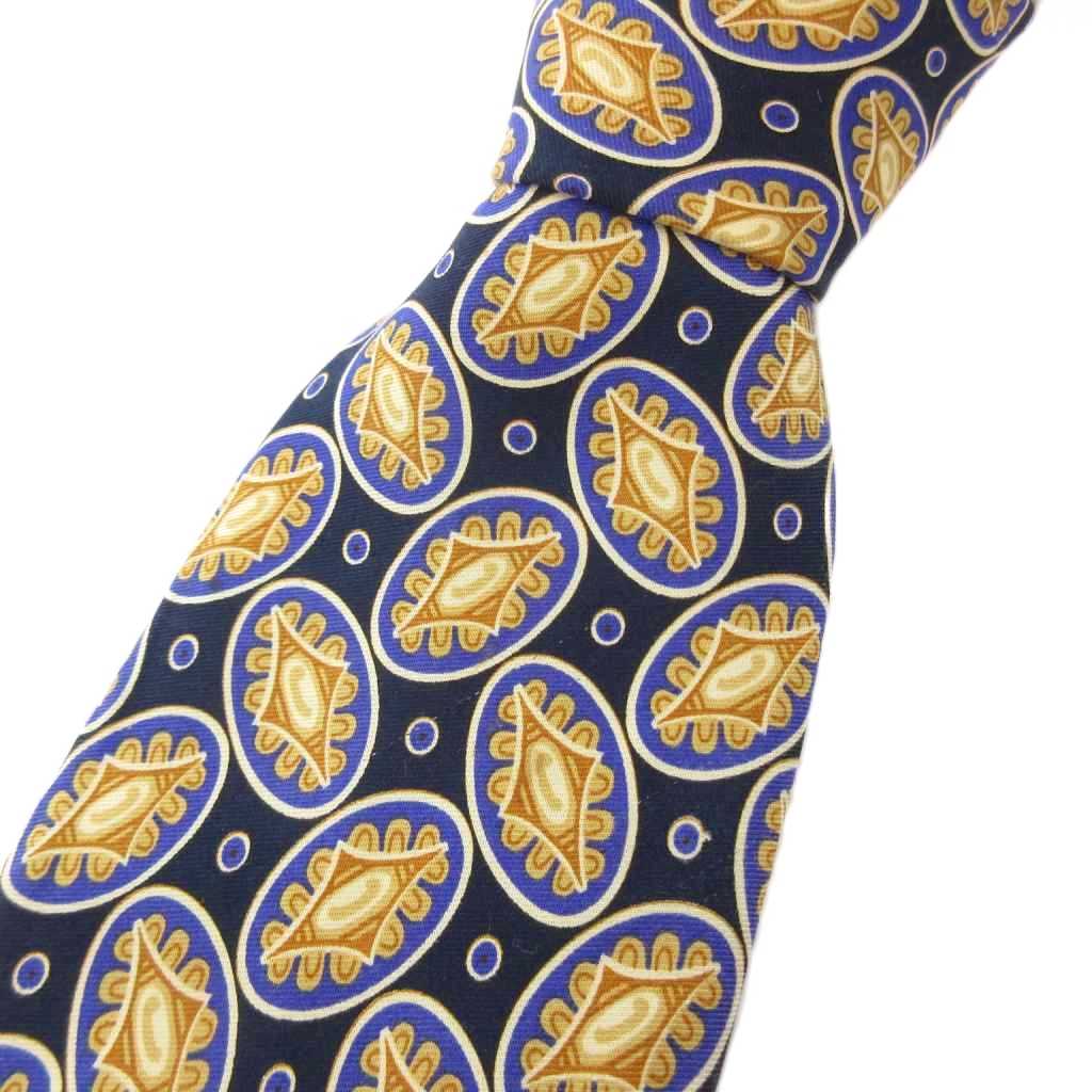 【中古】クリスチャンディオール Christian Dior ネクタイ 絹 シルク イタリア製 紺 ネイビー 黄色 青 ブルー 楕円柄 /SX ■GY53 メンズ 【ベクトル 古着】 260417