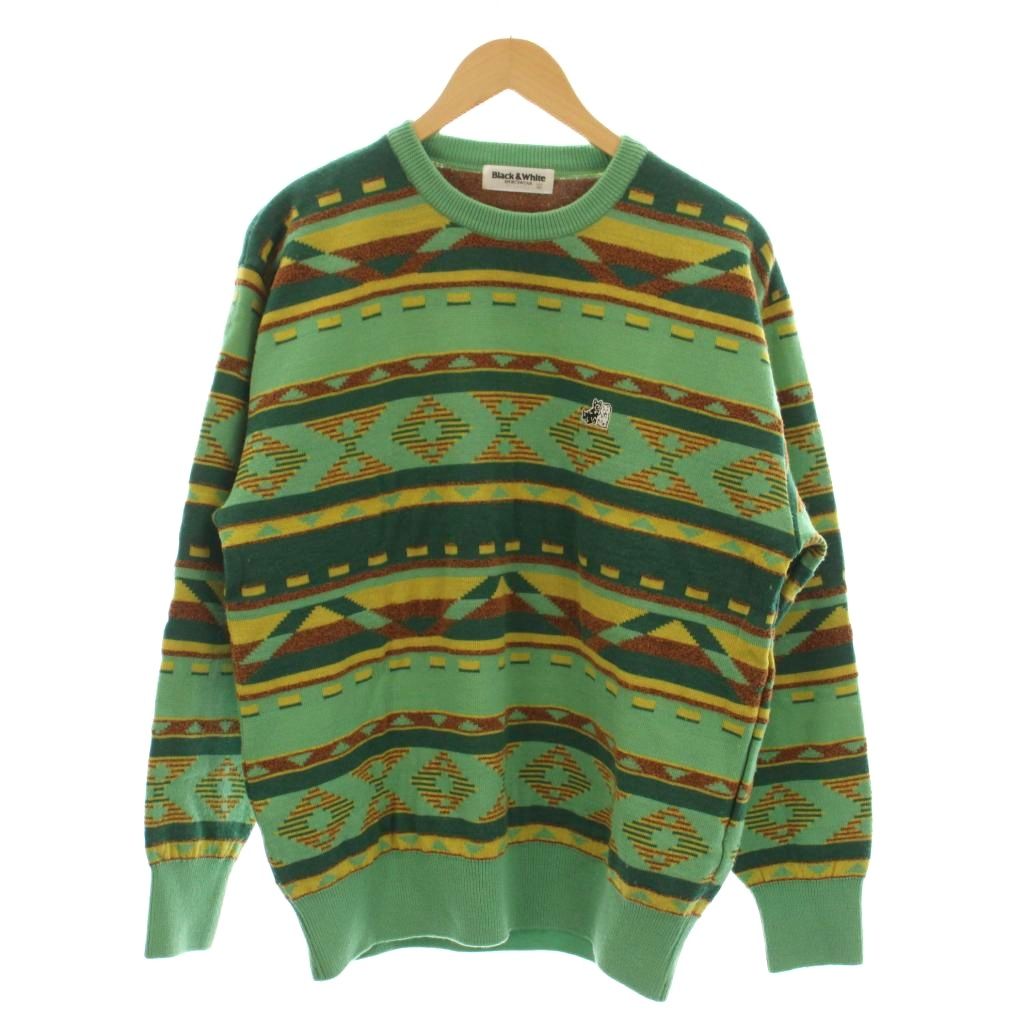 Knit Sweater - 【中古】ブラック&ホワイト BLACK&WHITE ニット セーター LL 緑 グリーン 長袖 ネイティブ柄 クルーネック /LP ■GY53 メンズ 【ベクトル 古着】 260409