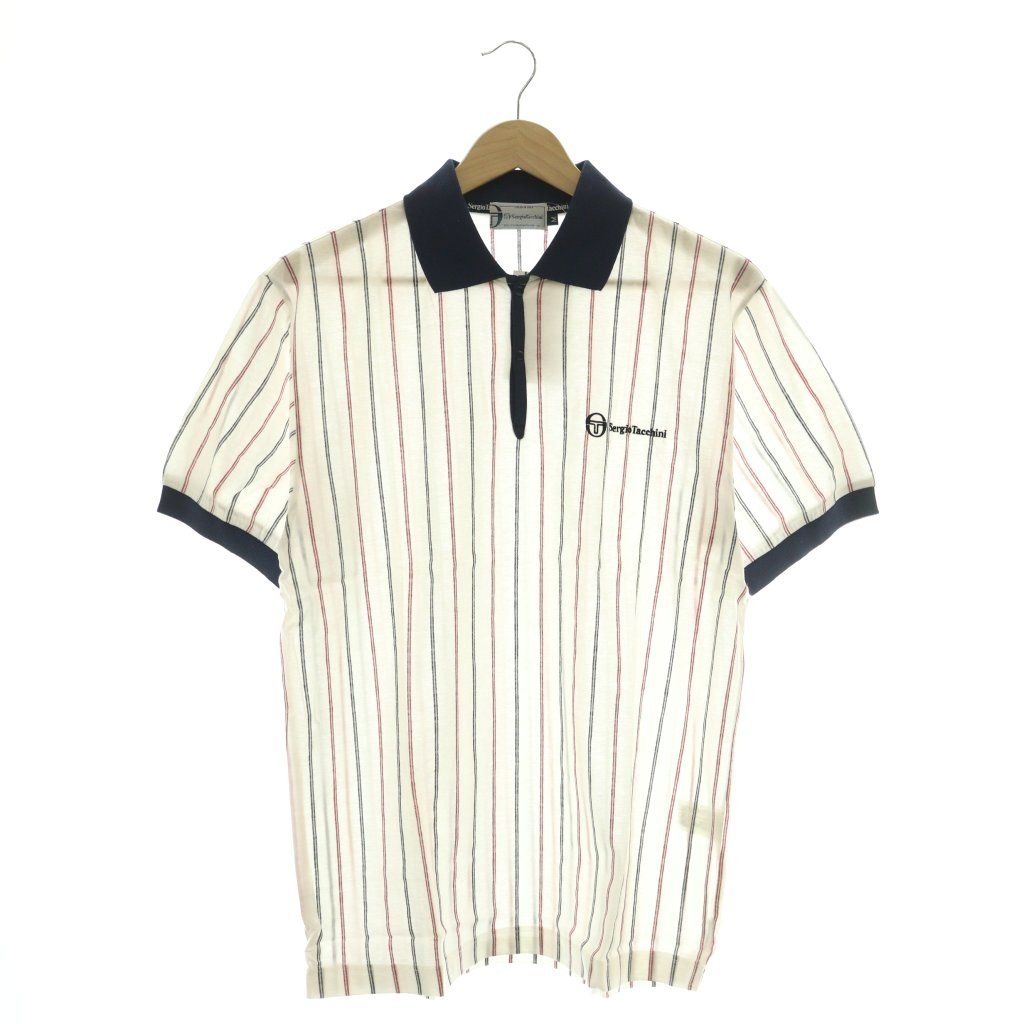 【中古】未使用品 セルジオタッキーニ Sergio Tacchini テニスウエア 半袖ポロシャツ ストライプ ロゴ刺繍 M ホワイト /MY ■OS ■GY59 メンズ 【ベクトル 古着】 260404