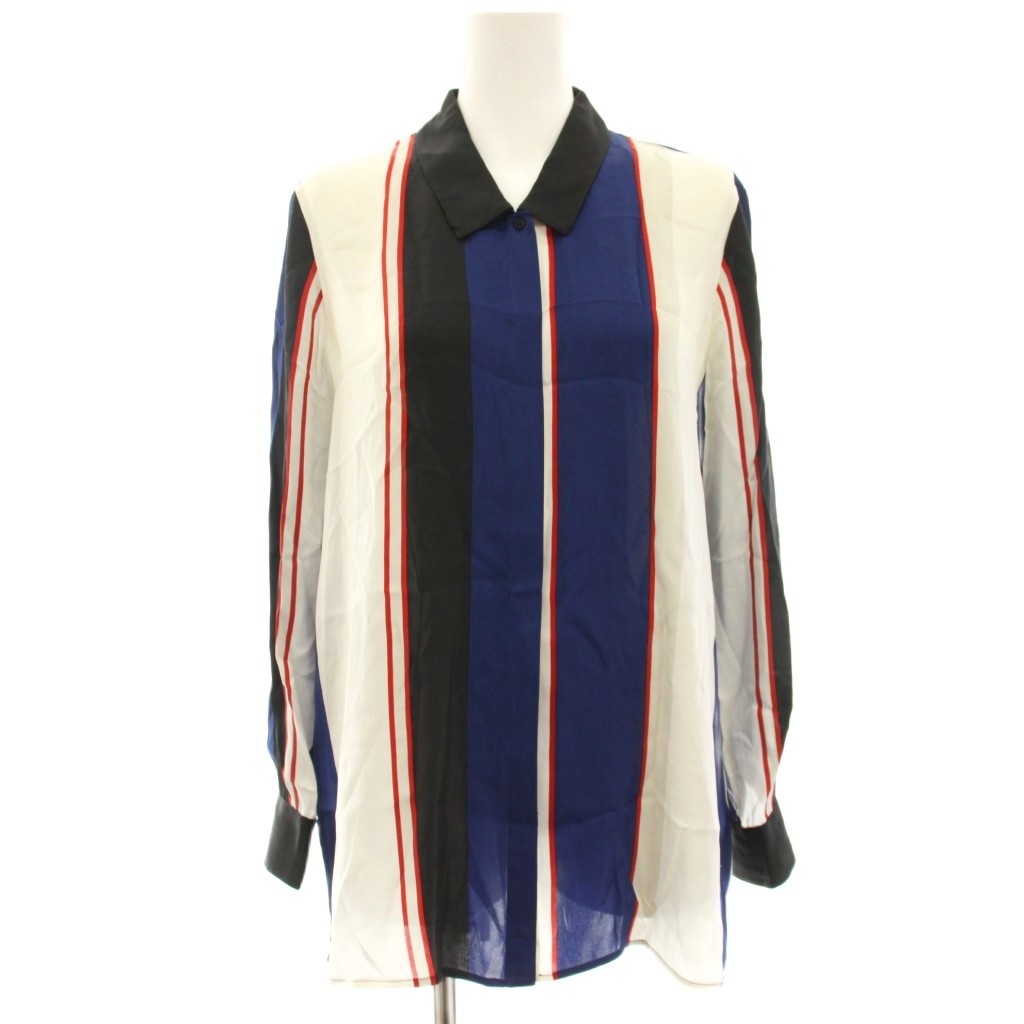 【中古】ヒューゴボス HUGO BOSS シャツ ブラウス マルチストライプ 絹 シルク 長袖 40 白 ホワイト 青 ブルー 黒 ブラック /HN ■ECE004 レディース 【ベクトル 古着】 260410