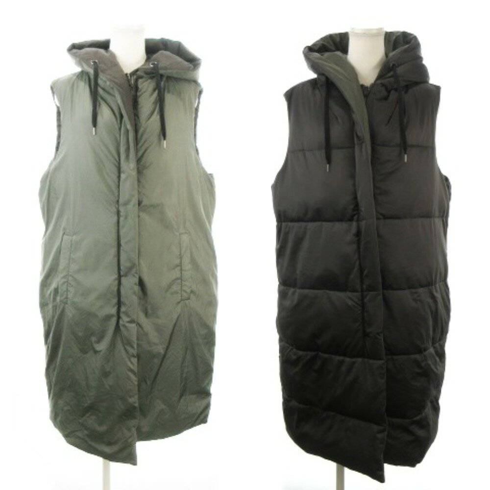 【中古】ザラ ZARA リバーシブル 中綿ベスト ジャケット ロング丈 S 緑 グリーン 黒 ブラック ノースリーブ フード付き RUC 80089348-4 /MN2 ■ECD001 レディース 【ベクトル 古着】 260423