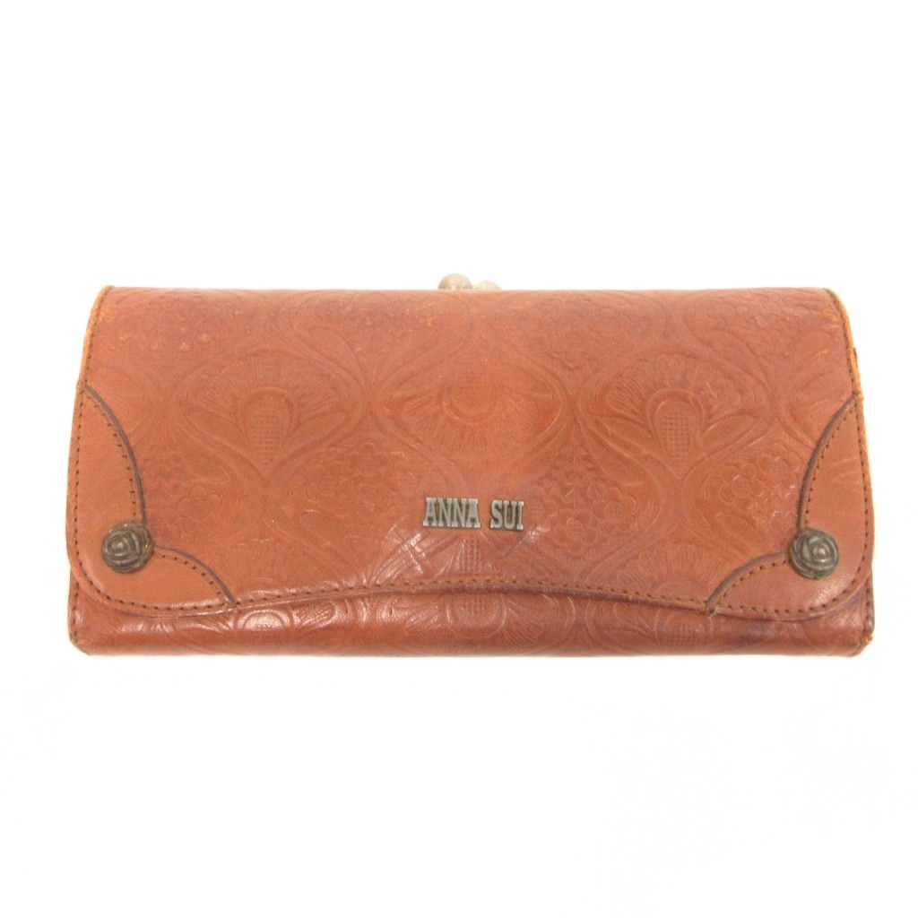 【中古】アナスイ ANNA SUI 長財布 ウォレット 茶 ブラウン エンボス加工 がま口 バラモチーフ ロゴ金具 /NU ■ECG003 レディース 【ベクトル 古着】 260502