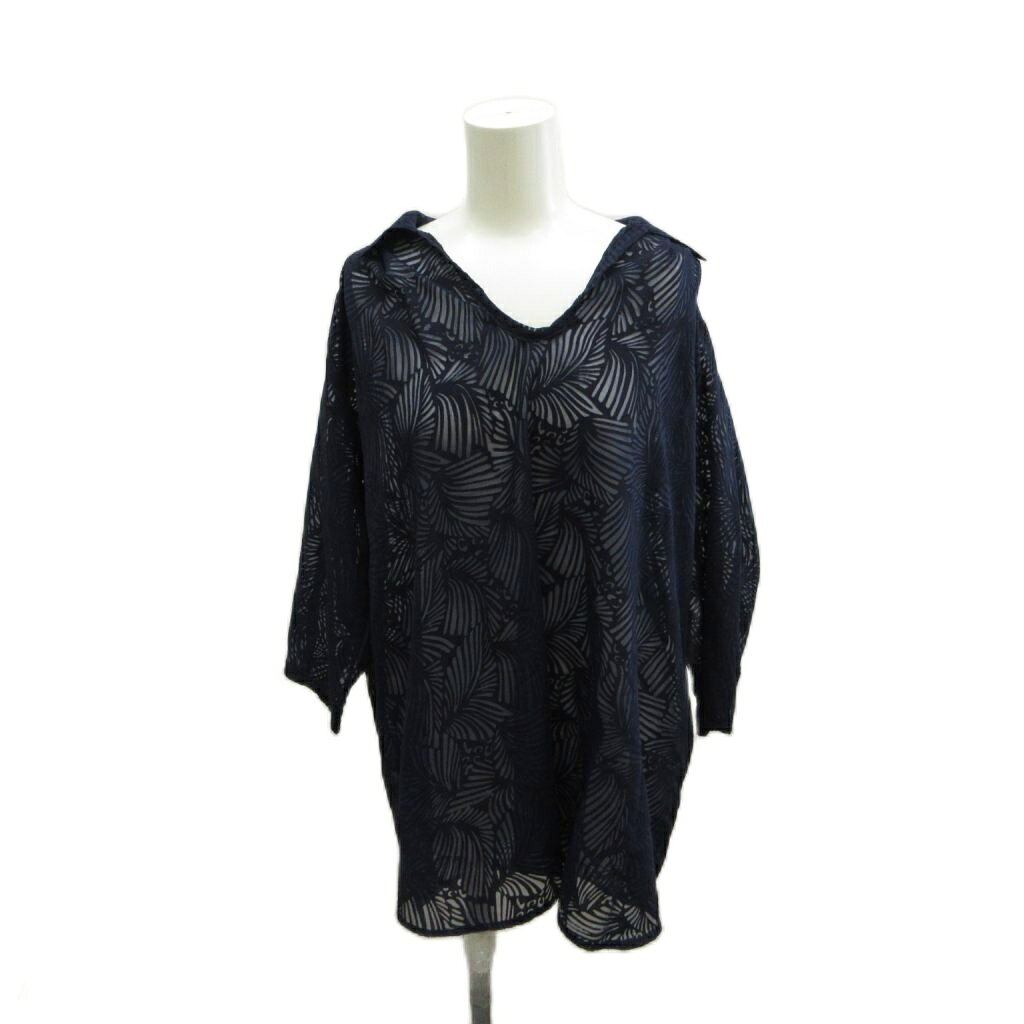 【中古】ブリックハウス バイ トウキョウシャツ BRICK HOUSE by Tokyo Shirts チュニックシャツ L 紺 ネイビー リーフ柄 Vネック 七分袖 ECA007 /SH ■ECA007 レディース 【ベクトル 古着】 260713