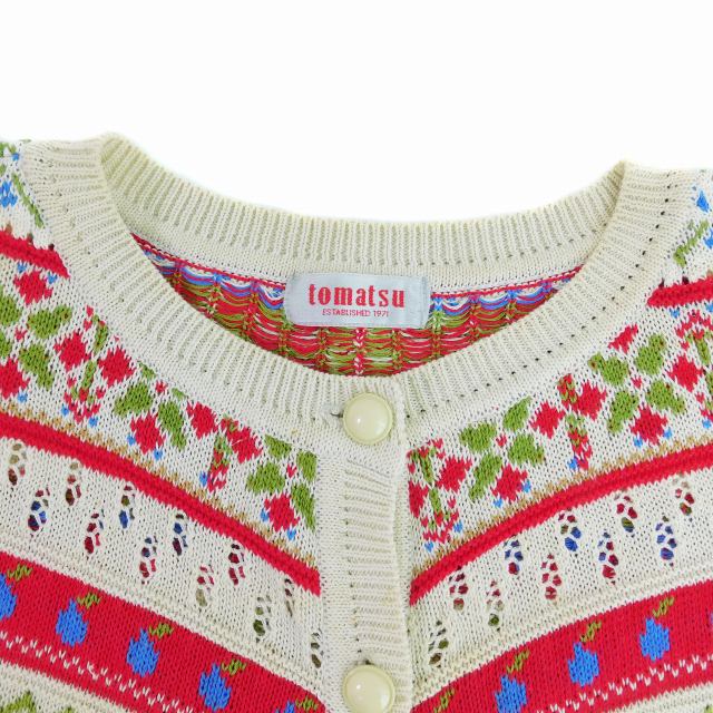 【中古】トマツ tomatsu カーディガン 半袖 ラウンドネック コットン 総柄 赤 ベージュ レッド トップス /AZ レディース 【ベクトル 古着】 260513