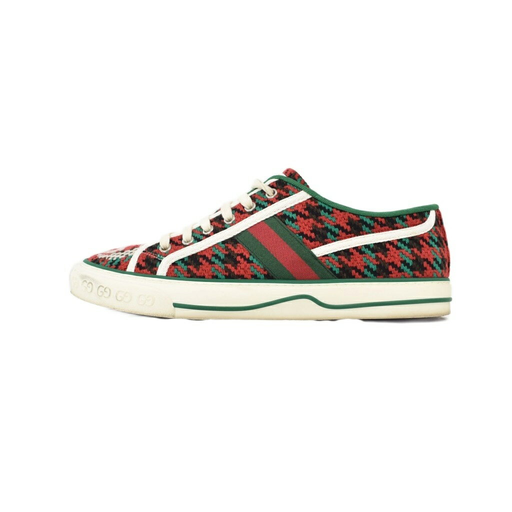 Rakuten - 【中古】グッチ GUCCI TENISS 1977 GGロゴ シェリーライン ハウンドトゥース ニット キャンバス ローカット スニーカー 8+ 赤 レッド 緑 グリーン ☆AA★ メンズ 【ベクトル 古着】 260222