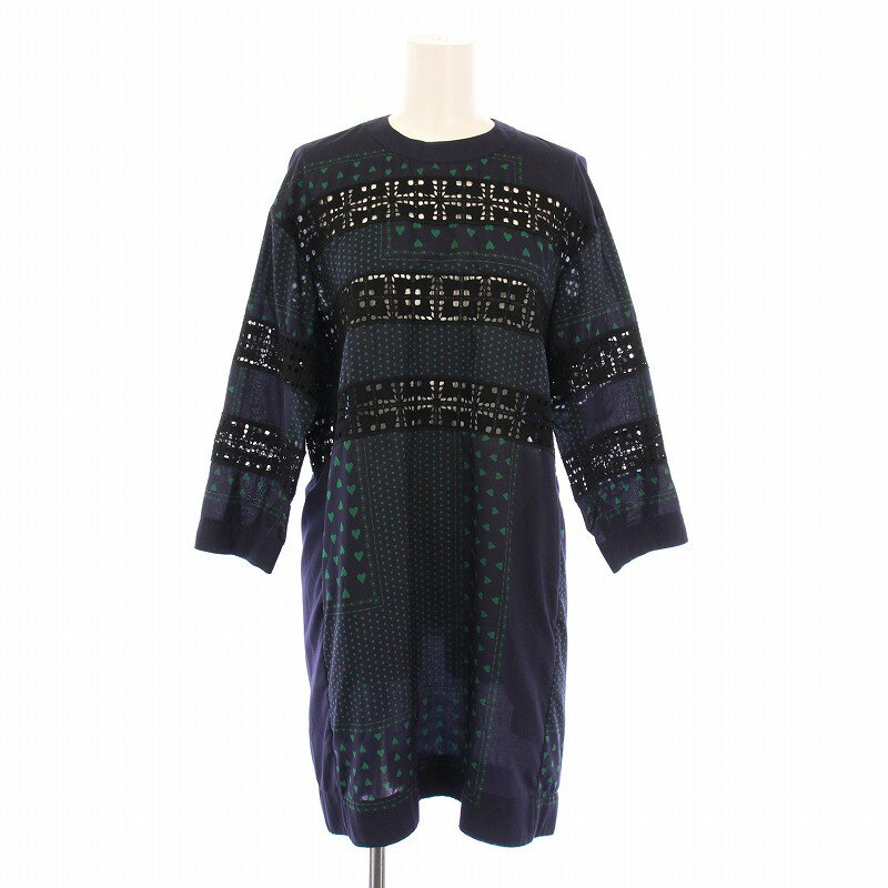 【中古】サカイラック sacai luck ワンピース ひざ丈 七分袖 クルーネック ハート柄 刺繍 切替 インナーキャミソール付き 1 紺 ネイビー 緑 グリーン 黒 ブラック /BB ■GY41 レディース 【ベクトル 古着】 250626