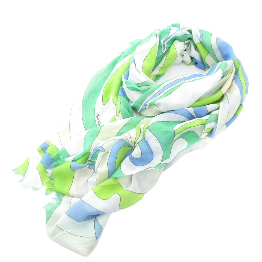 【中古】アンコキーヌ Anne Coguine ストール 緑 グリーン 青 ブルー 大判 フリンジ 総柄 /GV レディー..