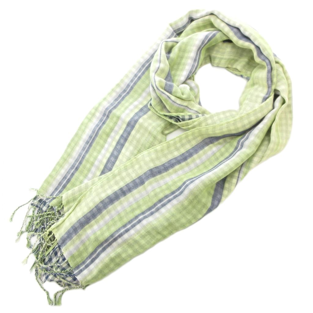 【中古】タケオキクチ TAKEO KIKUCHI マフラー ストール フリンジ チェック ストライプ 黄緑 ライトグリーン 紺 ネイビー /GV メンズ 【ベクトル 古着】 251118