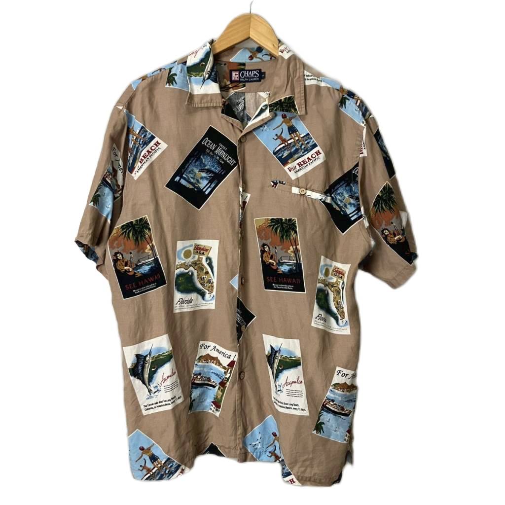 チャップス CHAPS RALPH LAUREN アロハシャツ オープンカラー レーヨン 総柄 半袖 L ベージュ メンズ  260409