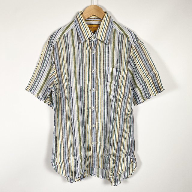 【中古】ヒッキーフリーマン HICKEY FREEMAN リネンシャツ 半袖 ストライプ 麻100% 青 ブルー L メンズ 【ベクトル 古着】 240813