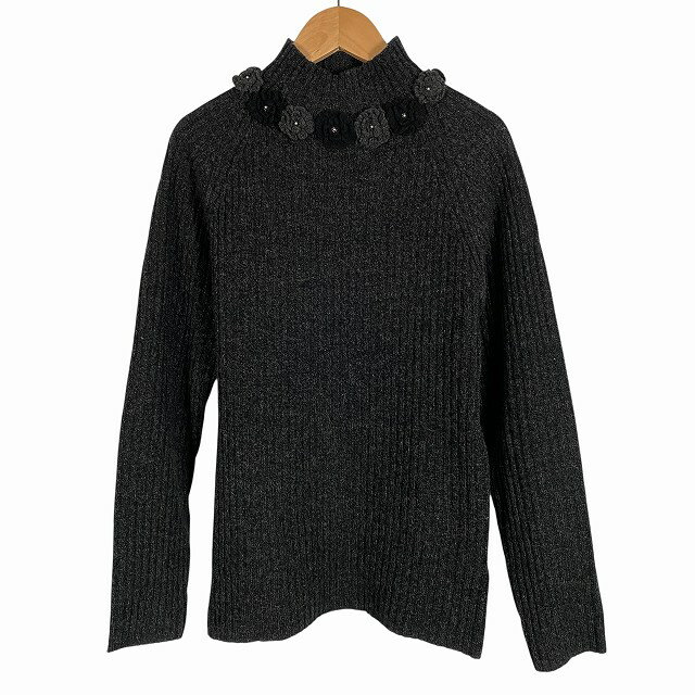 【中古】インゲボルグ INGEBORG ニット モックネック ウール100% 花装飾 チャコールグレー M レディー..